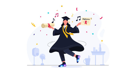 Cheerful Graduating Woman Dancing With Diploma In Hand Amidst Confetti Falling