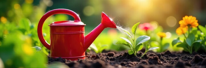 A vibrant red watering can sits in a sun-drenched garden, ready to nurture thirsty plants on a warm summer day The scene evokes feelings of summer growth and garden care , nature, day