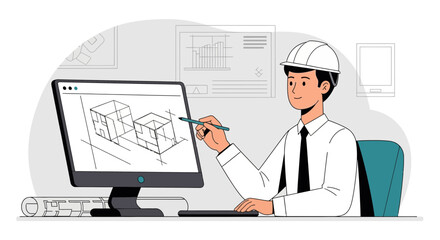 Architectural Designer Working On Blueprint Digital Project Engineering Concept