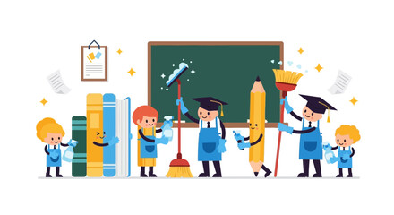 Cheerful Students Cleaning Up Their Classroom After Graduation Ceremony Illustration
