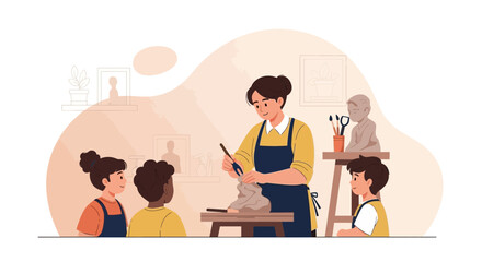 Fototapeta premium Art Class Female Teacher Guiding Students During Sculpture Creating Session