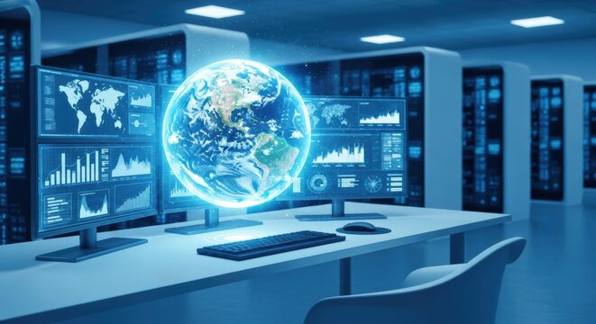 Global Data Network: Server Room with Earth Visualization