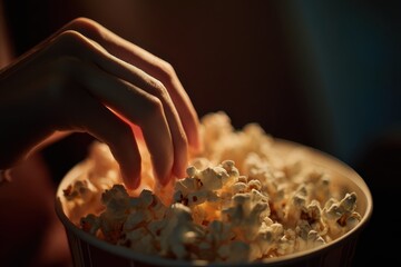 Extreme Close-up of a Fair-Skinned Hand Reaching into a Bucket of Popcorn - Movie Snacks and Entertainment.
