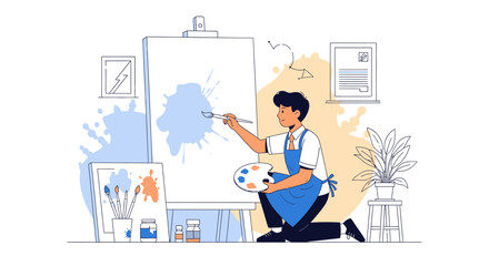 Creative Young Artist Painting On Canvas In Studio