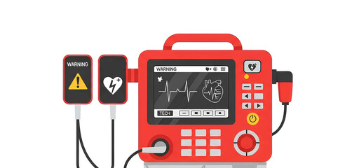 Modern defibrillator device showcases heartbeat pulse line on screen featuring warning signs, indicating a focus on healthcare and critical medical support.