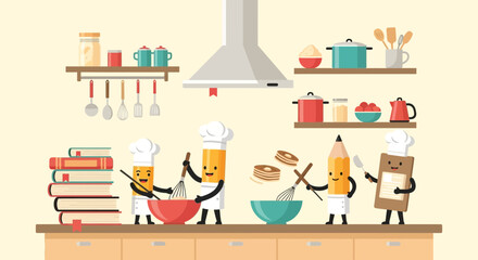 Obraz premium Culinary Cartoon Pencils Creating Desserts Together In A Well Equipped Kitchen
