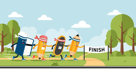 Naklejka premium Fun Cartoon Of Pencils Eraser And Book Running To The Finish Line