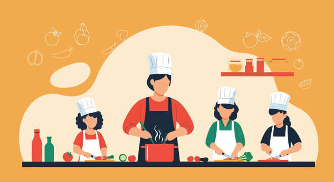 Culinary Class With Chef Cooking Preparing Food Together Illustration