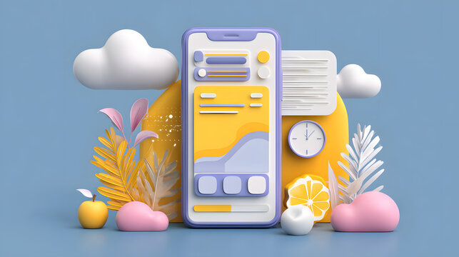 Colorful 3D render of a smartphone app interface, surrounded by stylized elements.