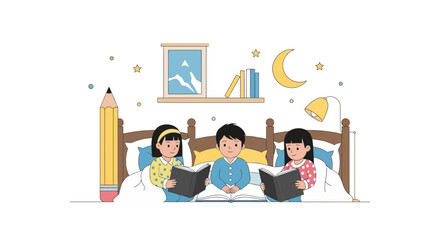 Obraz premium Children Reading Books Together In Bed At Night Illustration Graphic