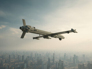 Military drone flying over futuristic city with missiles ready to launch