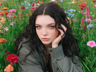 Naklejka premium Young woman resting in a colorful flower field