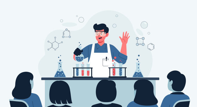 Engaging Science Demonstration Featuring A Cheerful Scientist And Curious Students