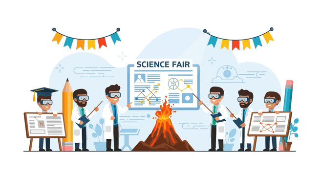 Engaging Science Fair With Experiment Displayed By Scientists In Lab Coats