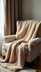 Cozy oversized teen blanket draped on a plush armchair, perfect for relaxing evenings Soft texture, warm colors, inviting atmosphere , cotton, design