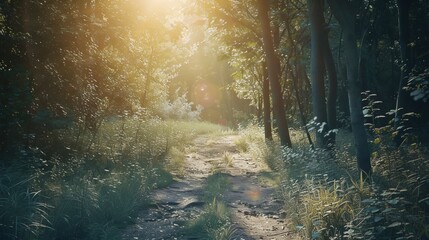 Fototapeta premium Forest path bathed in warm sunlight, surrounded by nature tranquility