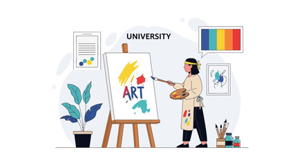 Artistic University Student Creating A Colorful Painting In The Studio