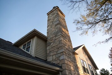 Elegant Stone Chimney on a Charming Suburban Home with a Warm Sunset Glow