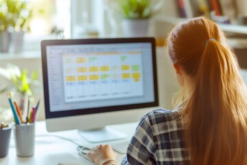 Project manager working from home, utilizing scheduling software on a computer to efficiently manage tasks and organize projects