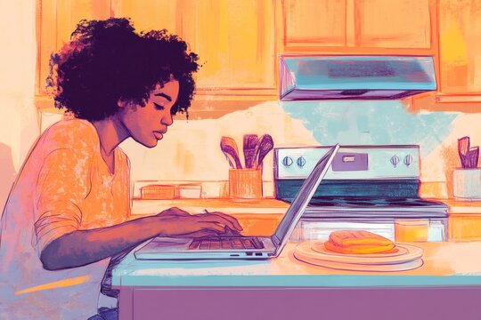 Modern multitasking parent balancing remote work on a laptop while preparing a healthy breakfast in a busy kitchen environment