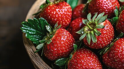 Organic Produce, Pesticide-free, Fruits, Fresh Red Strawberries With Green Leaves in a Wooden Bowl