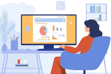 Businesswoman working from home analyzing financial data and business performance on a computer screen, using charts and graphs