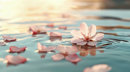 Petals Warm Riverbank, Delicate Cherry Blossom Petals Floating on Calm Water Surface