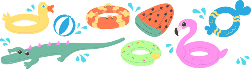 inflatable ring's set in doodle style. elements for mascot decor postcard design print sticker poster background