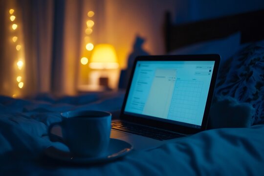 Laptop displaying a calendar and a cup of coffee rest on a bed in a cozy bedroom illuminated by string lights at night