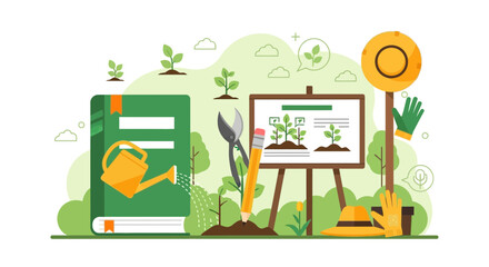 Gardening Knowledge With Watering Can And Book, Illustration Of Planting Steps