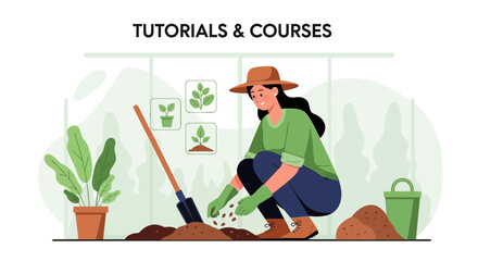 Gardening Tutorials And Courses Woman Planting Seeds In Garden Soil Illustration