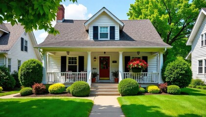 Charming suburban house with a well-kept lawn, vibrant flowers, and a welcoming front porch, perfect for a family or individual seeking a peaceful home , doors, neighborhood house