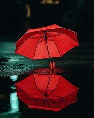 Red Umbrella Fashionable Reflection, Red Umbrella Reflected in Puddle on Rainy Urban Street Night