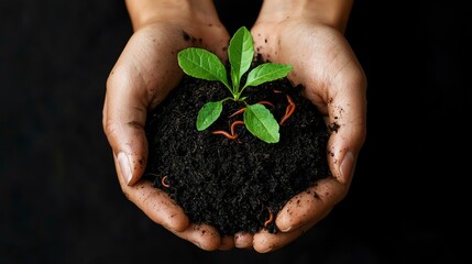 Sustainable Living Tips, Carbon Footprint, Composting, Green Plant in Hands Holding Rich Soil with Earthworms for Growth