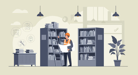 Obraz premium Engineer Reviews Blueprint Plans Near Bookshelves Inside A Modern Library