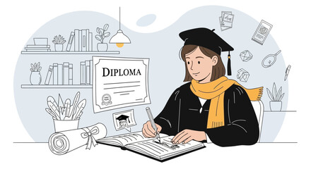 Dedicated Student Writes In Notebook Near Diploma Celebrating Academic Achievements