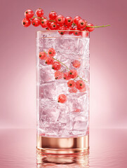 Refreshing pink cocktail with ice and red currants