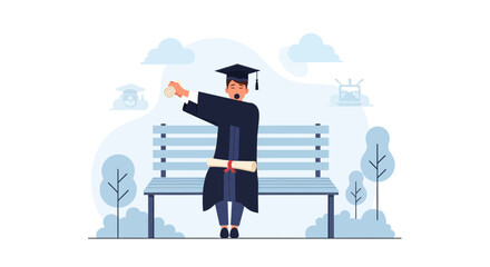 Fototapeta premium Graduate Celebrating Achievement With Diploma Sitting On Park Bench
