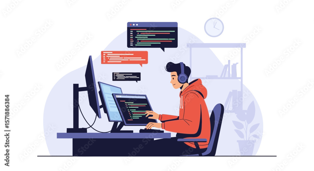 Poster developer working coding on multiple screens at home or in the office