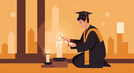 Graduate Illuminating Path Candles With Cityscape Graduation Symbolism