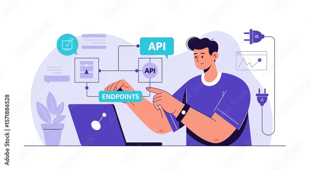 Poster developer working with api endpoints connecting plugs to modern website software