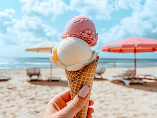 Woman holding two scoops of ice cream at the beach on a sunny day