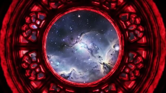 Red circular portal frames swirling cosmos, inviting imagination and interdimensional journeys
