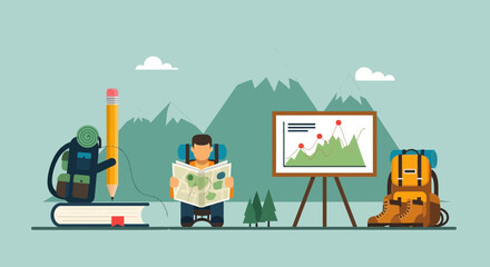 Conceptual Illustration Featuring a Hiker's Planning Journey With Mountains Background