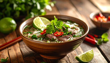 Bowl of Vietnamese Pho soup with beef, noodles, lime, cilantro, and chili peppers on a wooden table.
