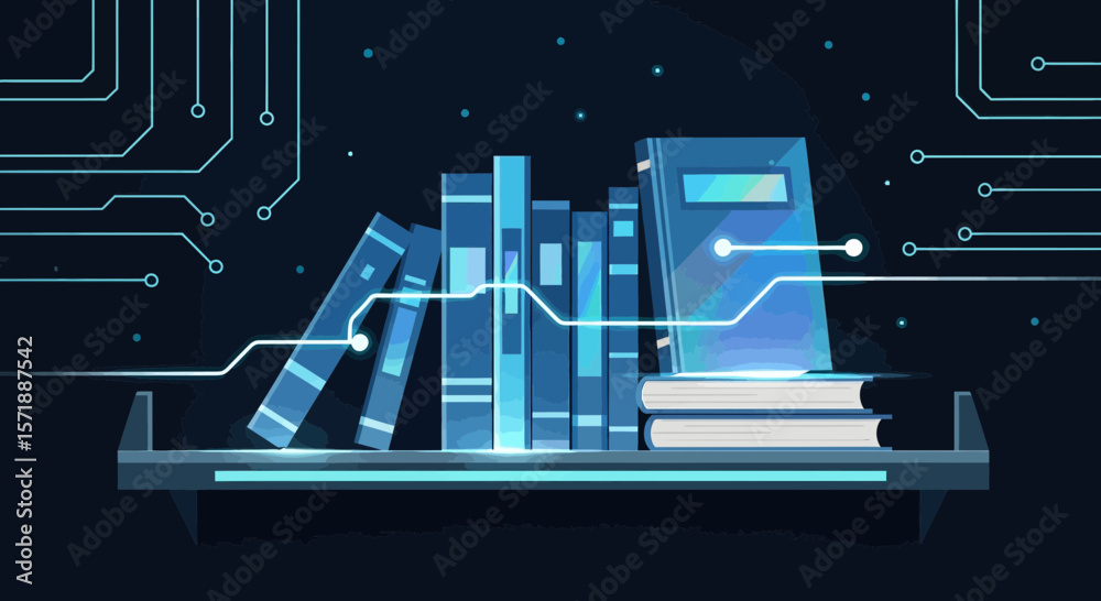 Poster digital library bookshelf concept depicting knowledge connected by technology network