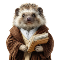 A small hedgehog dressed in historical attire holding an old book animal