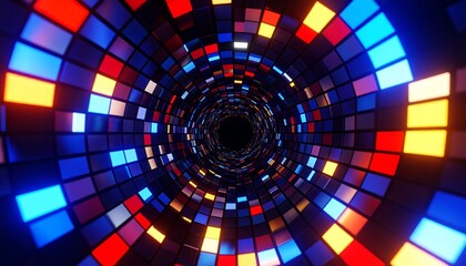 Colorful, glowing squares form a tunnel