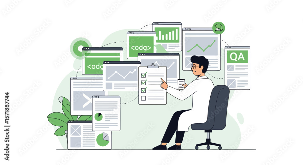 Poster digital solutions developer verifying checklist completeness for software quality assurance