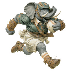 Anthropomorphic elephant running with a rugby ball in vintage sportswear